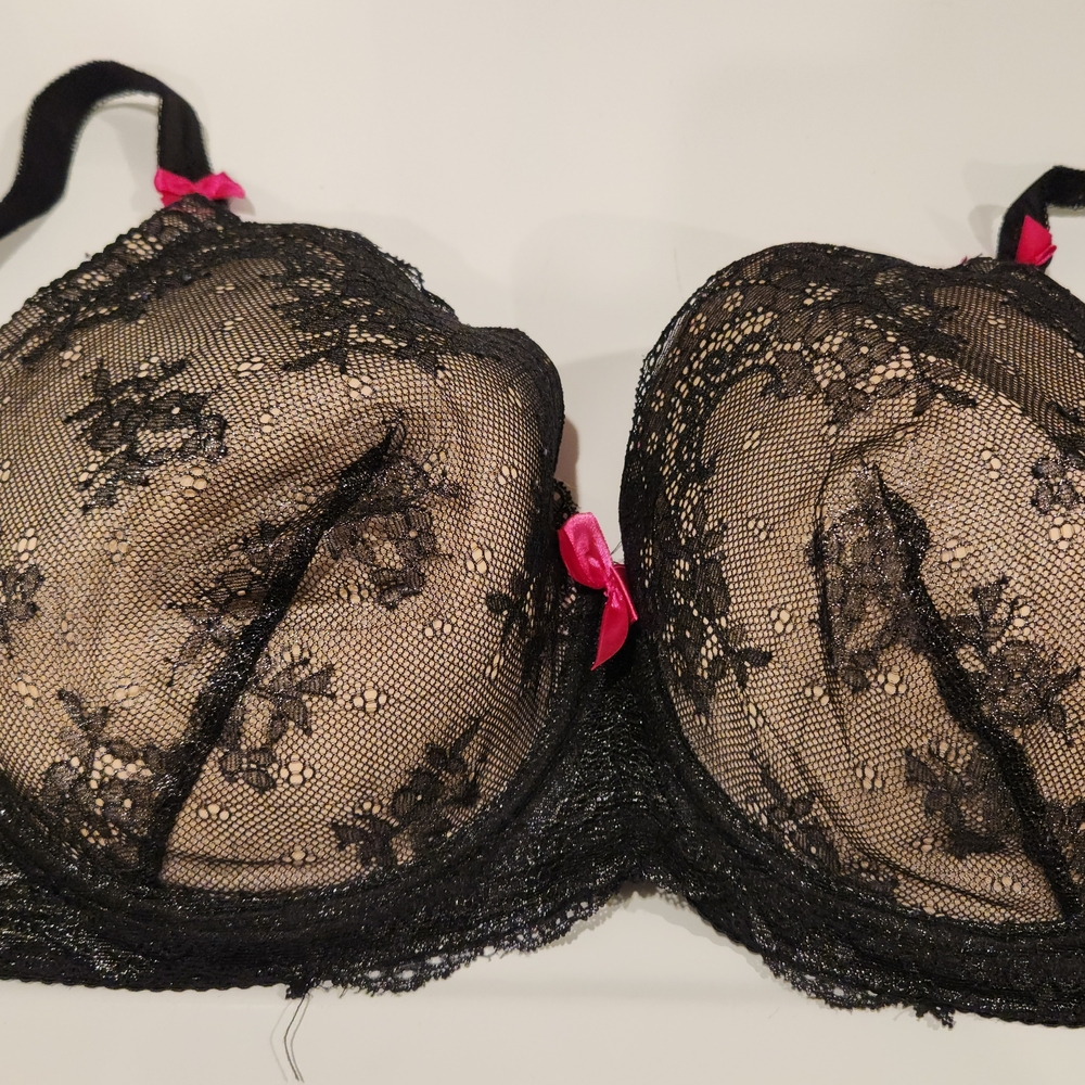 You! Lingerie Black And Nude Lace NURSING Bra with Pink Details